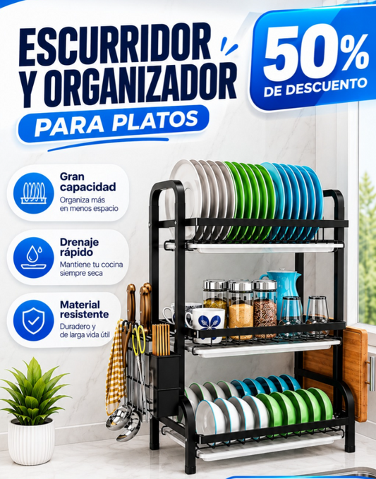 Escurridor y organizador de platos 3 niveles